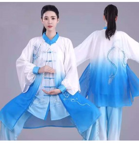 Women blue chinese dragon chinese kungfu uniforms taichi clothing competition wushu martial art performance uniforms with out tulle coat for unisex